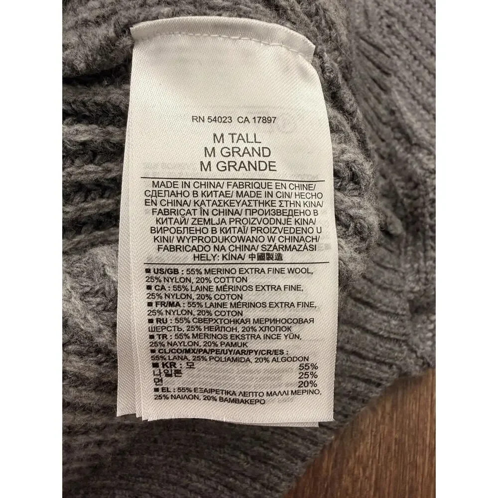 Banana Republic Men’s Merino Wool Ribbed Full Zip Grey M Tall